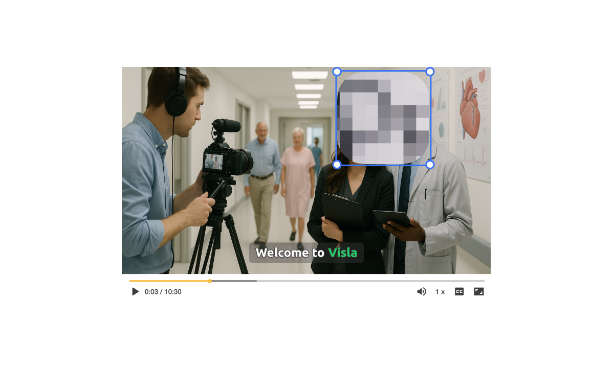 Hospital marketing team using Visla’s healthcare video blur tool to hide patient faces and medical charts during a cardiology video shoot, ensuring HIPAA-compliant storytelling